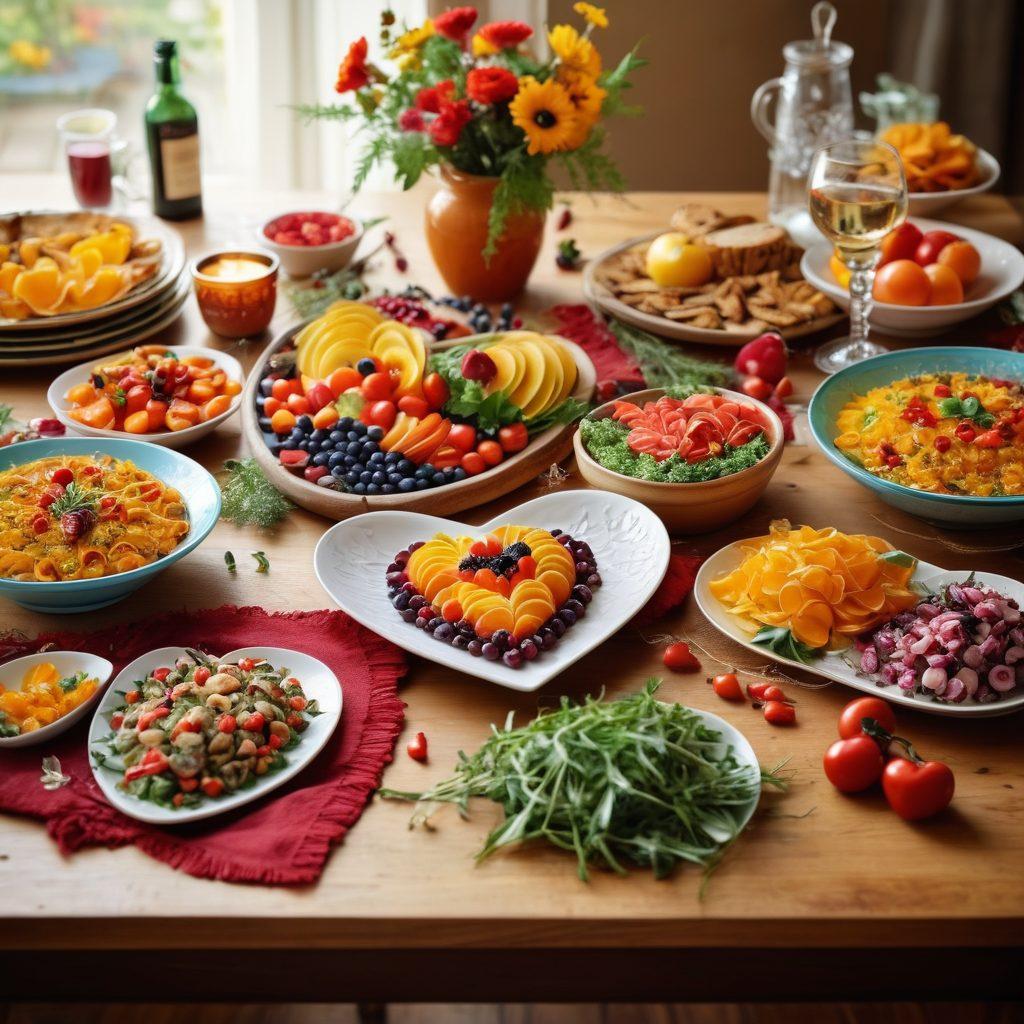 A beautifully arranged kitchen table showcasing a plethora of mouth-watering dishes, including colorful garnishes and fresh ingredients, blending seamlessly with heart-shaped motifs, to symbolize the connection between passion in cooking and indulgence in food. The warm light creates an inviting ambiance, evoking feelings of love and joy. vibrant colors. soft focus.