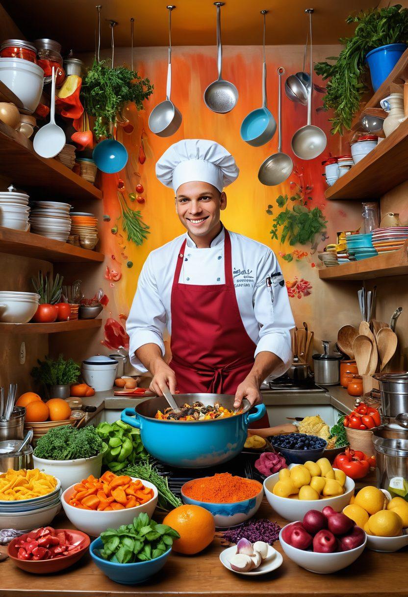 A whimsical kitchen scene overflowing with colorful, aromatic dishes being prepared by a joyful chef, hearts floating around to symbolize love and passion for cooking. Incorporate vibrant ingredients like fresh herbs, spices, and fruits, with soft, warm lighting that creates an inviting atmosphere. Add playful elements such as cooking utensils and recipe cards swirling in the air. Painting. vibrant colors. inviting ambiance.