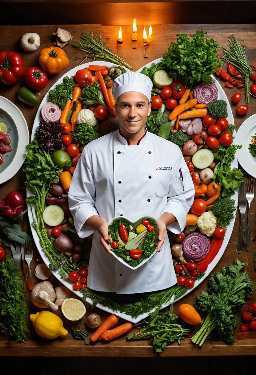 A heart-shaped plate filled with a colorful gourmet dish, surrounded by fresh herbs and vibrant vegetables, symbolizing love for cooking. In the background, a softly glowing kitchen with a chef passionately preparing food, with a warm ambiance and romantic candlelight. Include utensils like a fork and knife artistically arranged around the plate. super-realistic. vibrant colors. warm lighting.